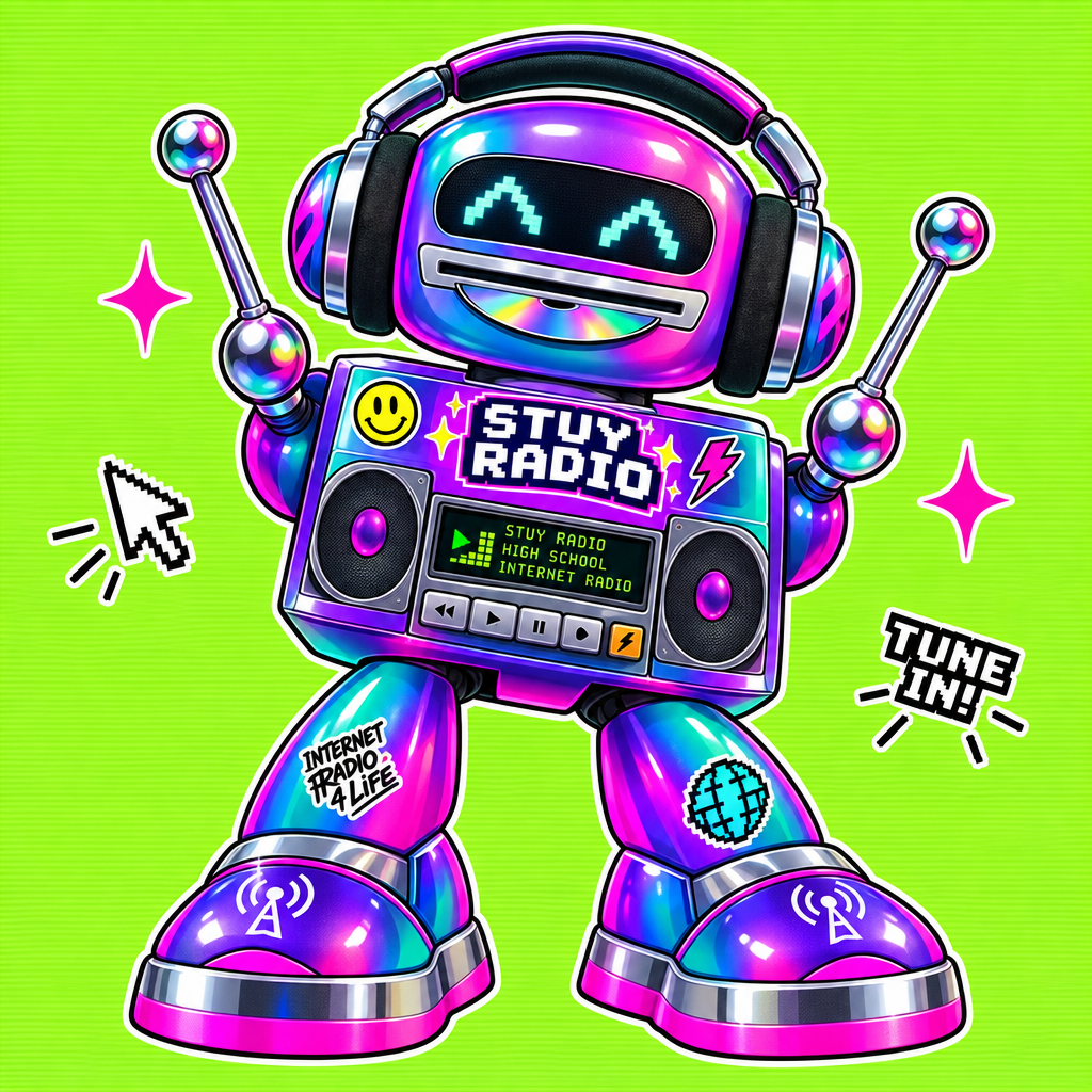 Illustrated chrome-and-neon boombox robot mascot with pixel eyes and a cassette-slot mouth, giving a thumbs-up, labeled STUY RADIO and TUNE IN