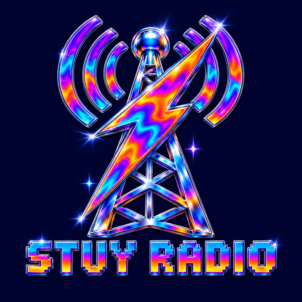 Chrome radio broadcast tower with rainbow-holographic signal waves and a lightning bolt through it, STUY RADIO in pixel letters below, on a dark blue background