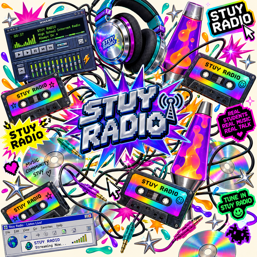 Cluttered Y2K collage of cassette tapes, a lava lamp, a Winamp-style player window, CDs, and tangled headphone cables, all labeled STUY RADIO