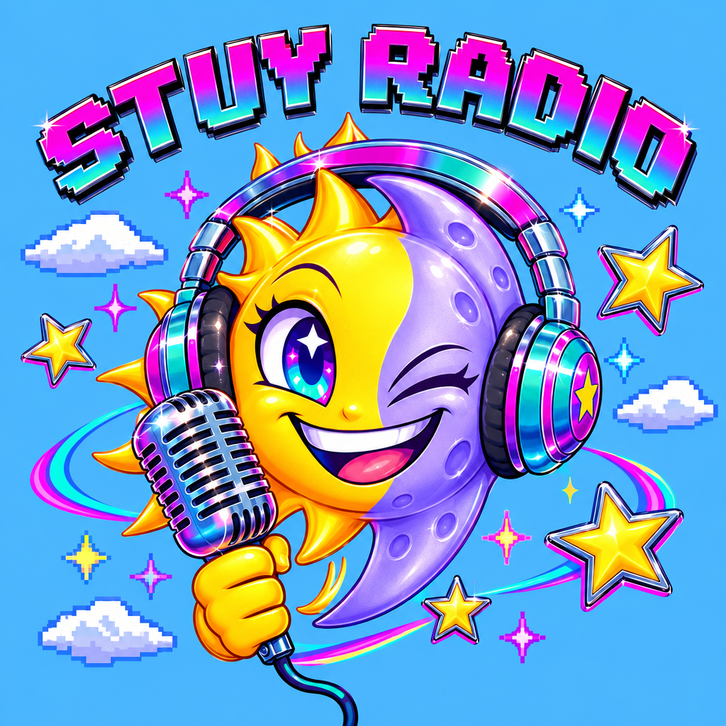 Winking sun-and-moon mascot wearing headphones and holding a microphone, surrounded by stars and clouds, STUY RADIO in bubble letters above