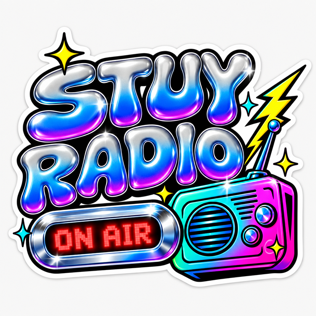 Die-cut sticker: bubble-lettered STUY RADIO next to a pink-and-teal radio with a glowing ON AIR sign and a lightning-bolt antenna